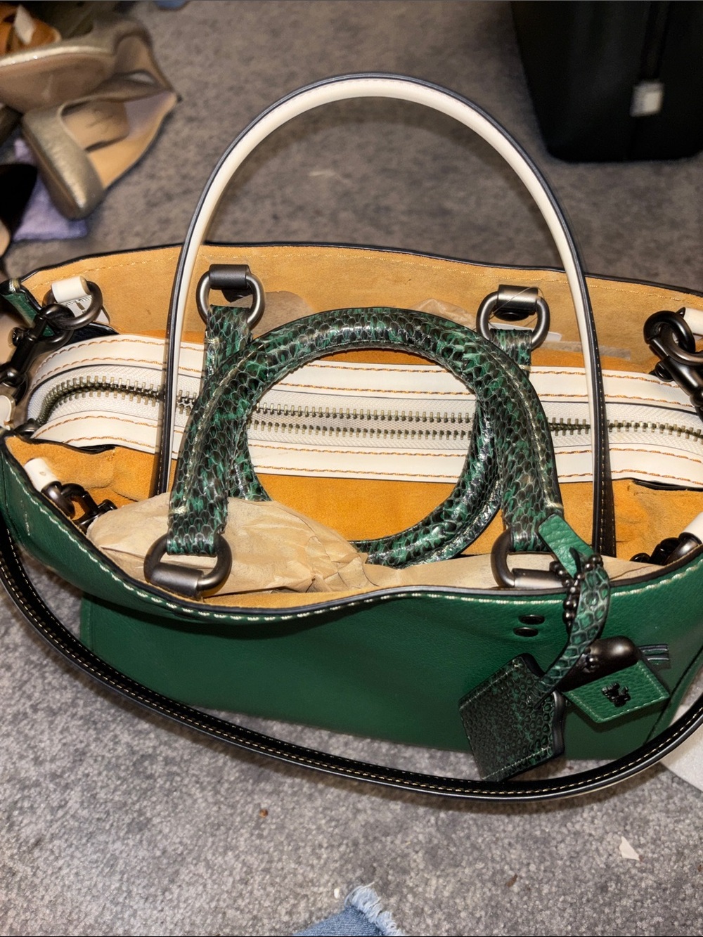 Coach Rogue Green Leather Satchel with Cream Trim and snakeskin handles. - Picture 5 of 11
